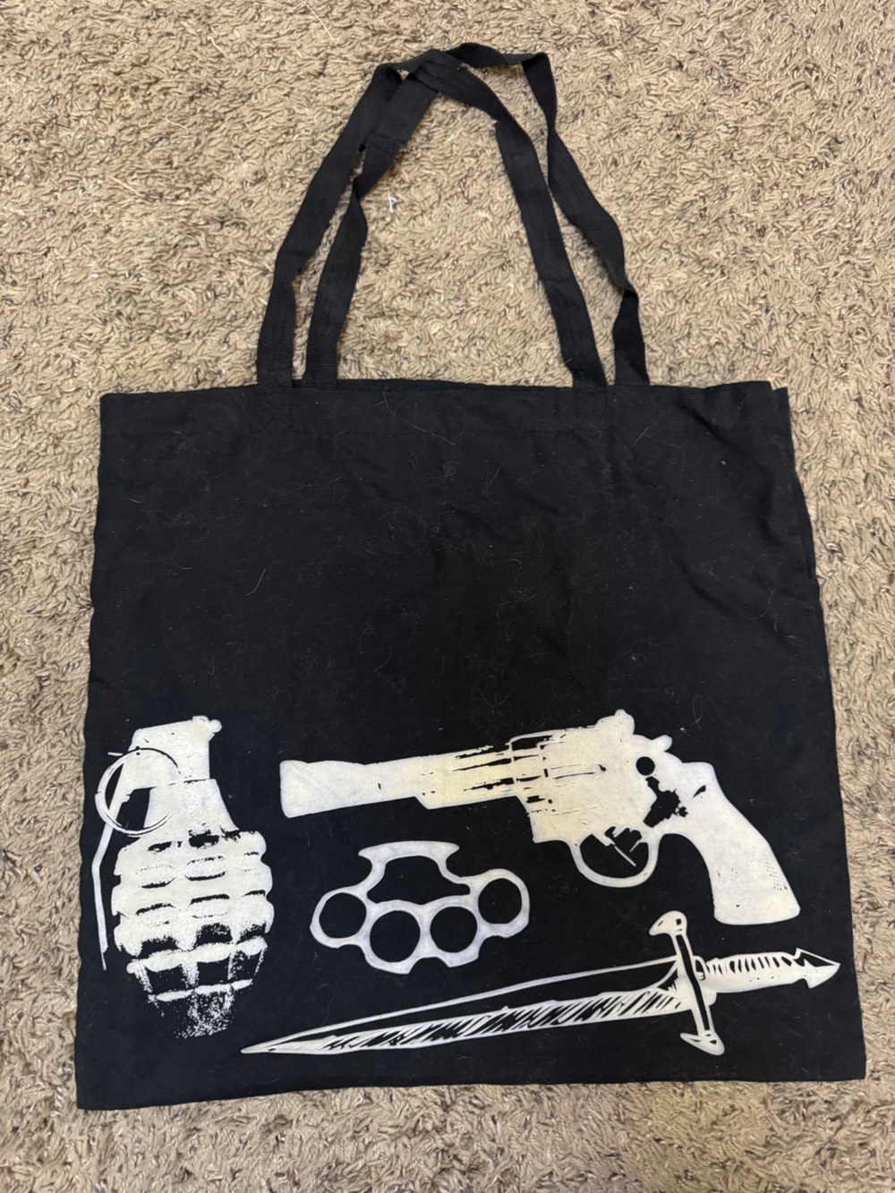 Black Graphic Tote with White Weapon Motif